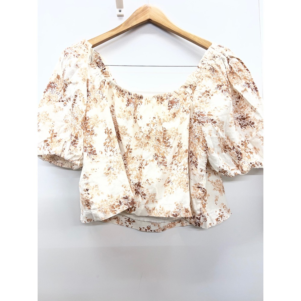 Abercrombie & Fitch Women Medium Floral Linen Blend Puff Sleeve Crop Top Cream
